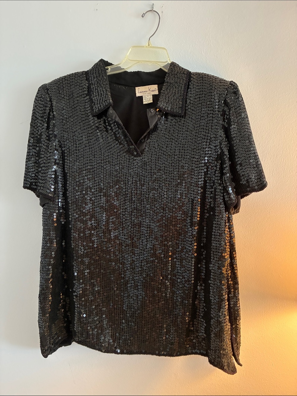 Lafayette 148 New York Black Sequin  Short Sleeve Top with side slit and beading